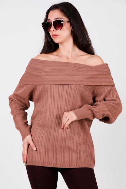 Kadın Madonna Yaka Triko Bluz Gül Kurusu