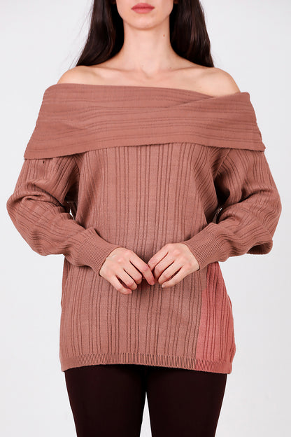 Kadın Madonna Yaka Triko Bluz Gül Kurusu