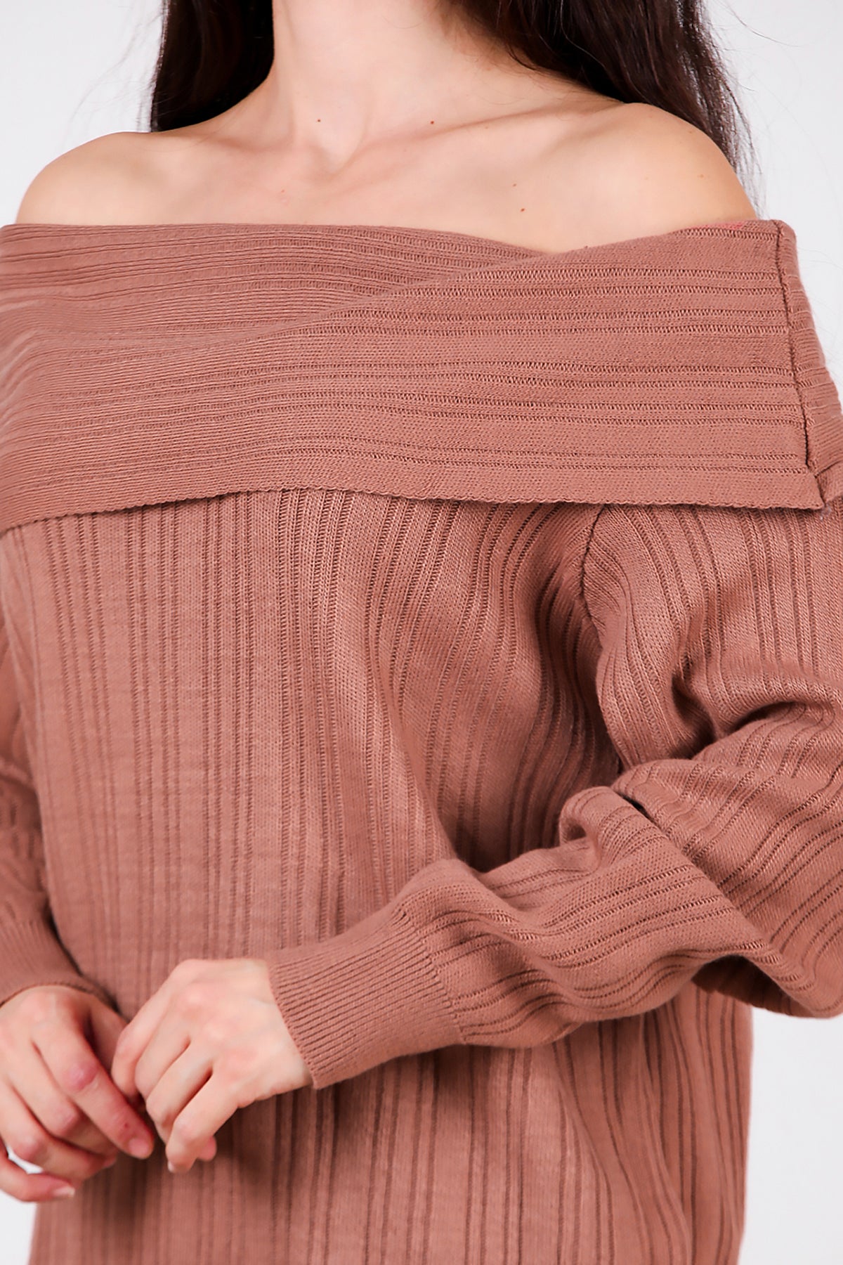 Kadın Madonna Yaka Triko Bluz Gül Kurusu