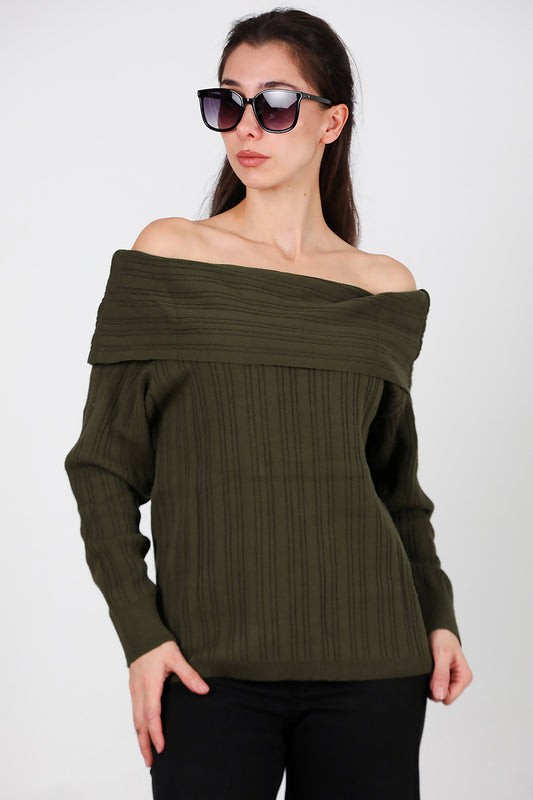 Kadın Madonna Yaka Triko Bluz Haki