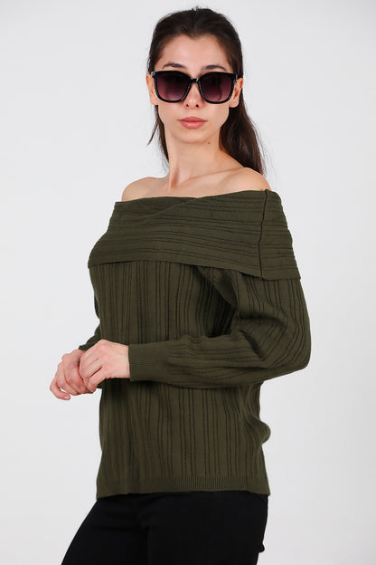 Kadın Madonna Yaka Triko Bluz Haki