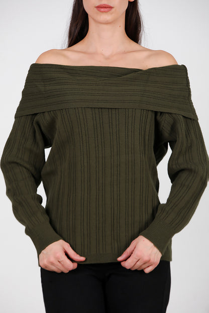 Kadın Madonna Yaka Triko Bluz Haki