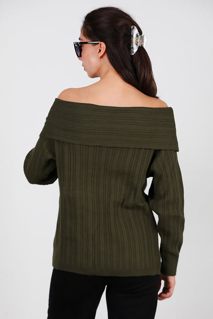 Kadın Madonna Yaka Triko Bluz Haki
