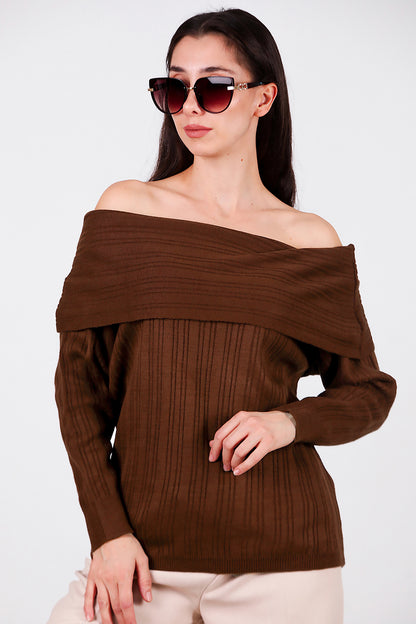 Kadın Madonna Yaka Triko Bluz Kahverengi