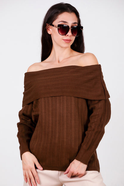 Kadın Madonna Yaka Triko Bluz Kahverengi