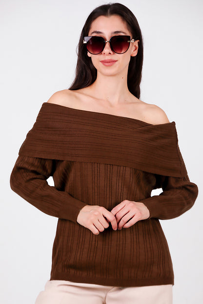 Kadın Madonna Yaka Triko Bluz Kahverengi