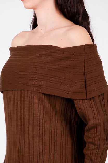 Kadın Madonna Yaka Triko Bluz Kahverengi