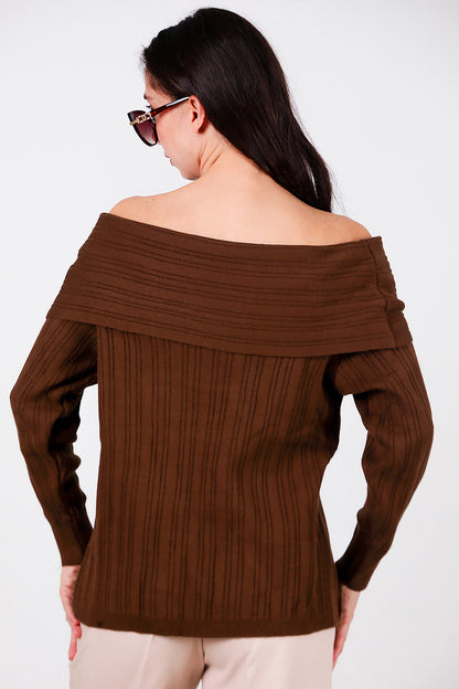 Kadın Madonna Yaka Triko Bluz Kahverengi