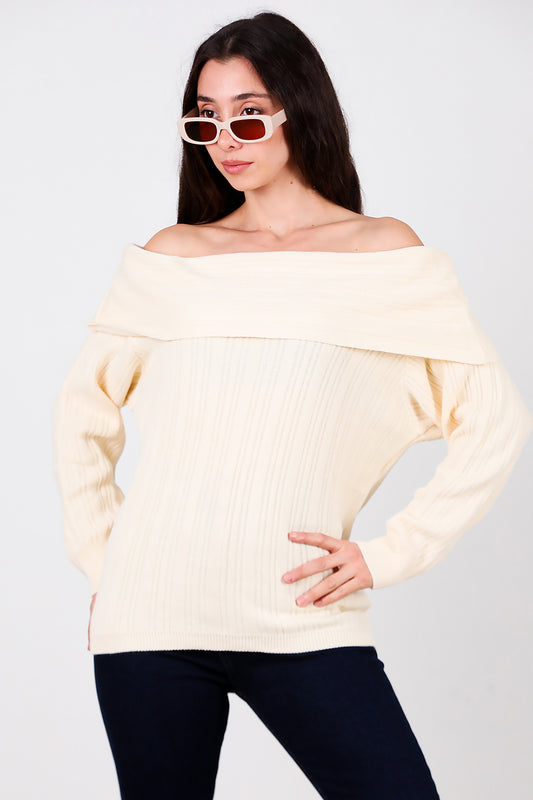 Kadın Madonna Yaka Triko Bluz Krem