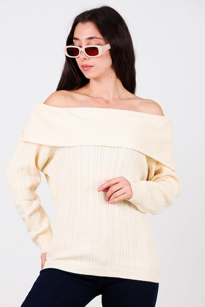 Kadın Madonna Yaka Triko Bluz Krem
