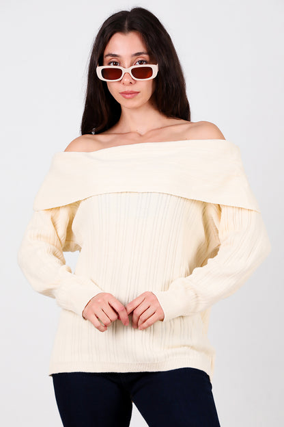 Kadın Madonna Yaka Triko Bluz Krem