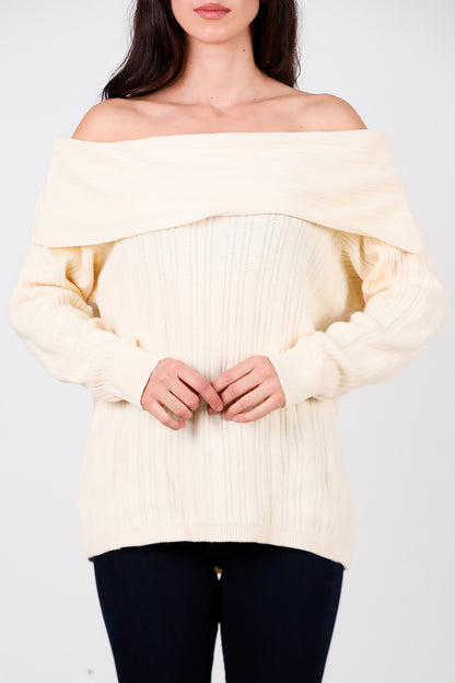 Kadın Madonna Yaka Triko Bluz Krem