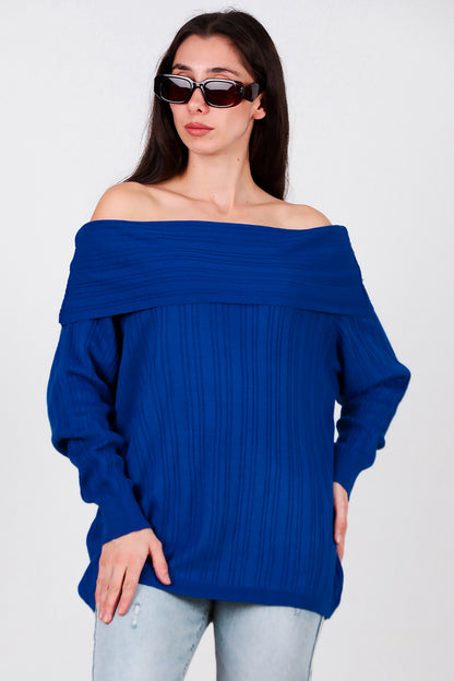 Kadın Madonna Yaka Triko Bluz Saks