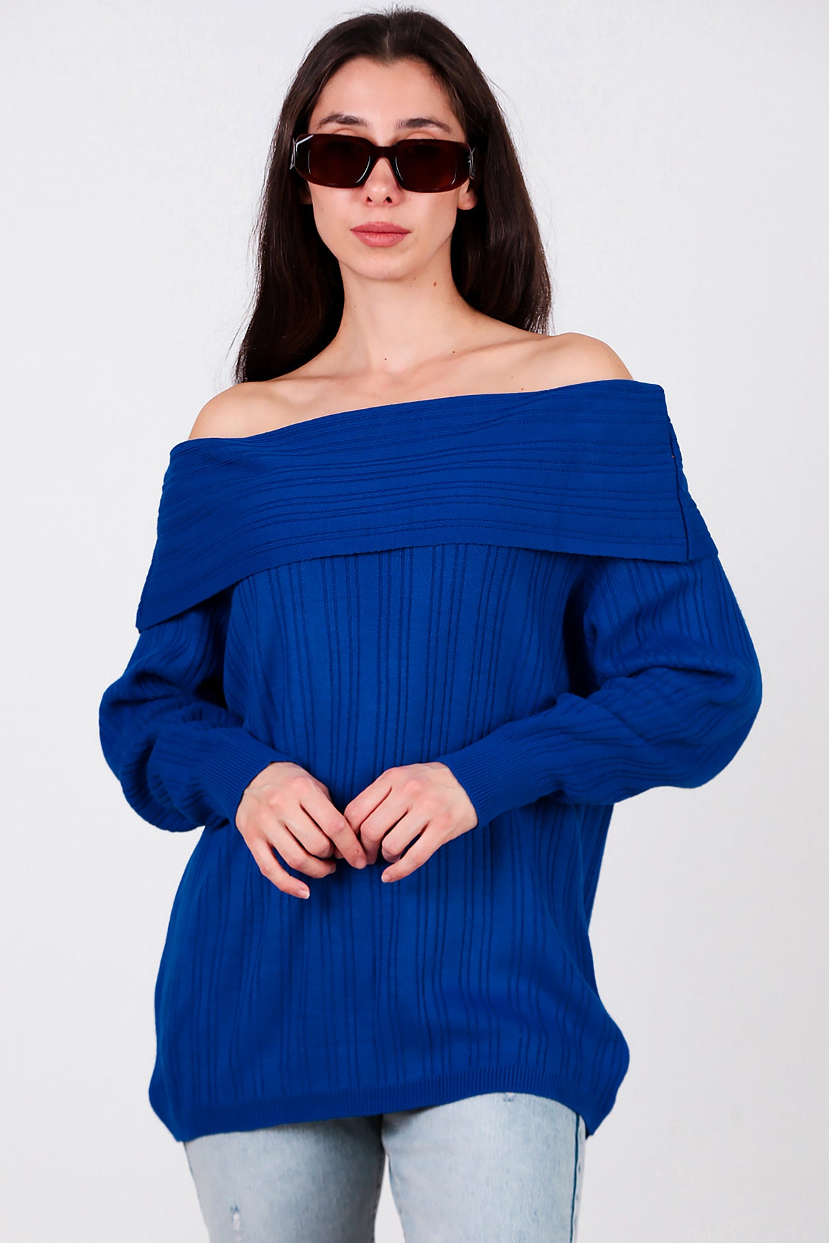 Kadın Madonna Yaka Triko Bluz Saks