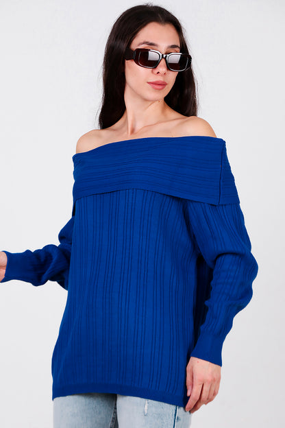 Kadın Madonna Yaka Triko Bluz Saks