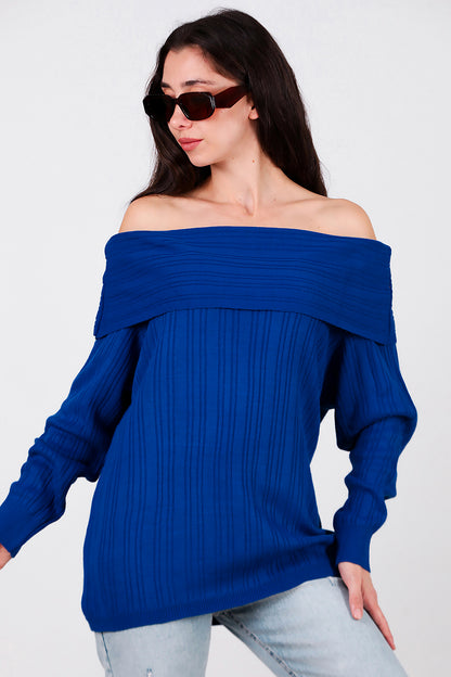 Kadın Madonna Yaka Triko Bluz Saks