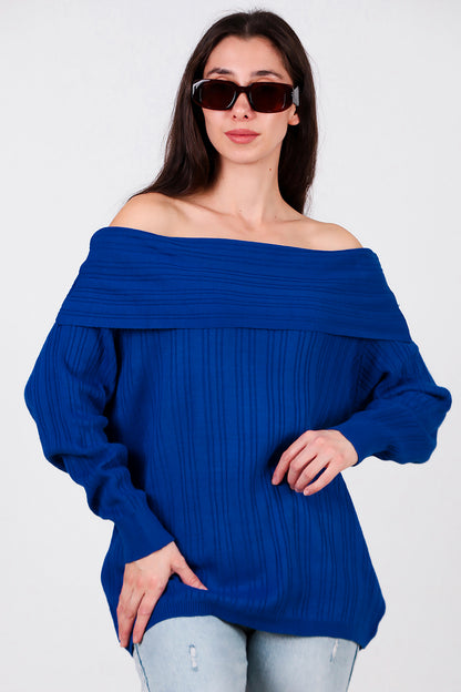 Kadın Madonna Yaka Triko Bluz Saks