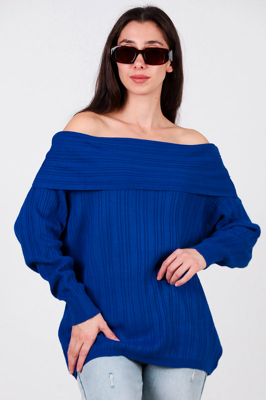 Kadın Madonna Yaka Triko Bluz Saks