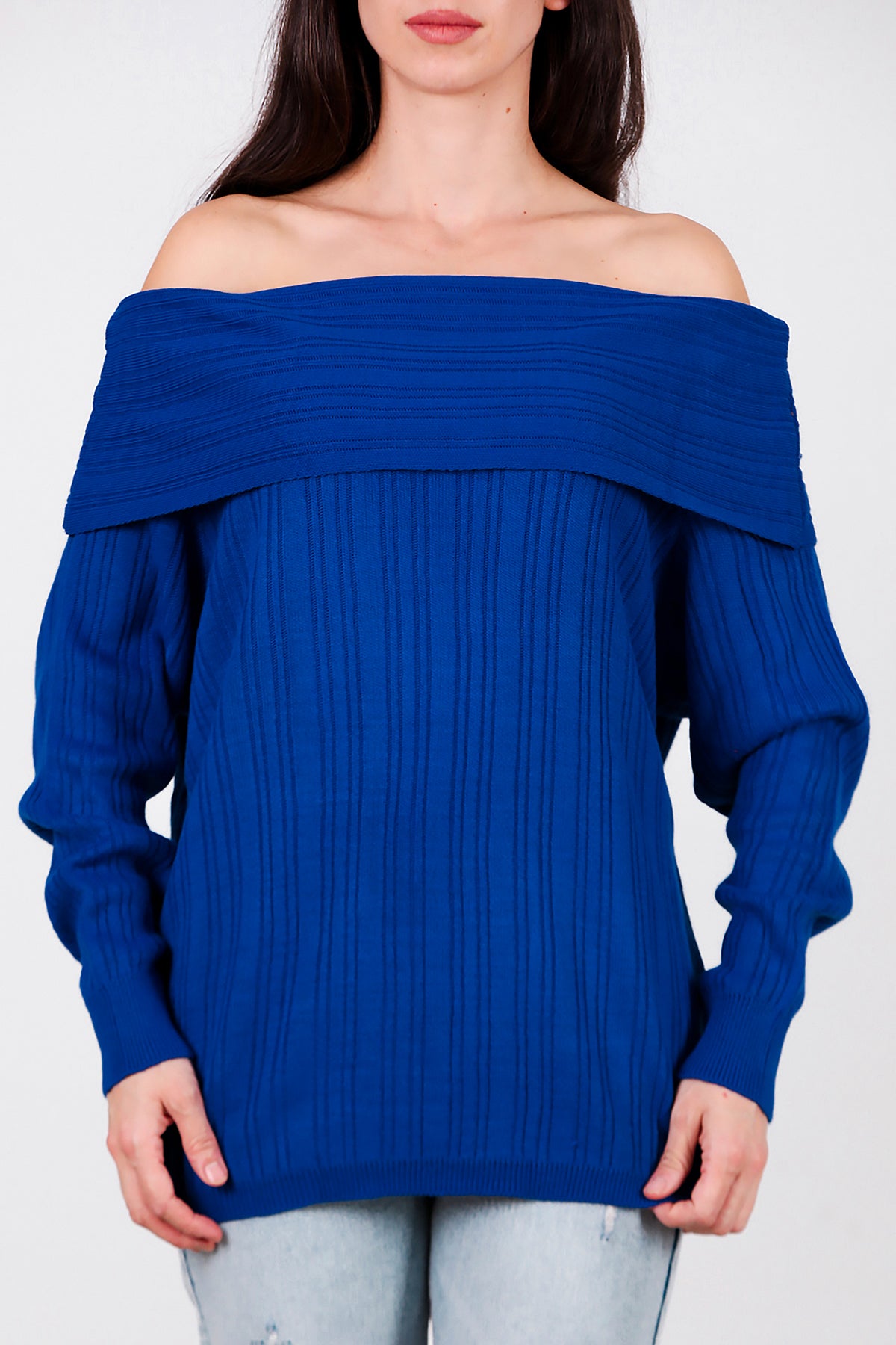 Kadın Madonna Yaka Triko Bluz Saks