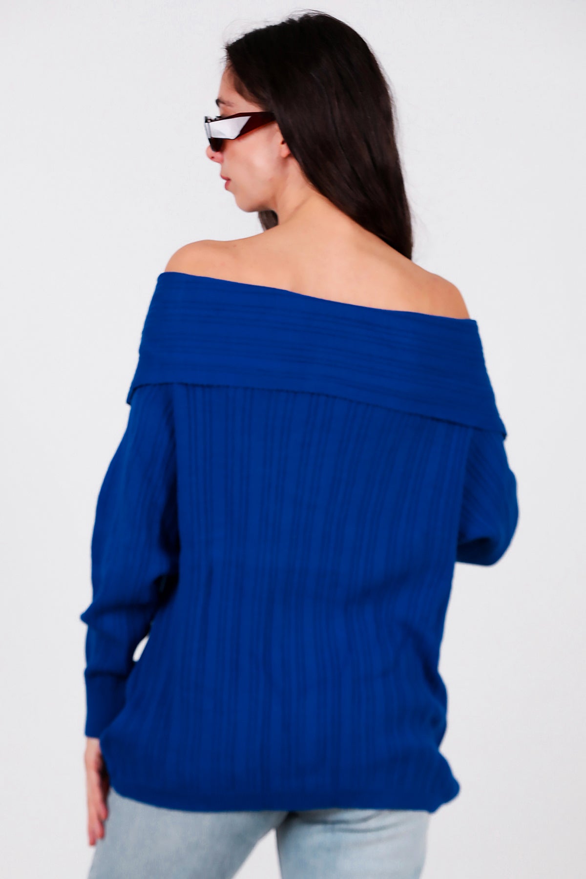 Kadın Madonna Yaka Triko Bluz Saks