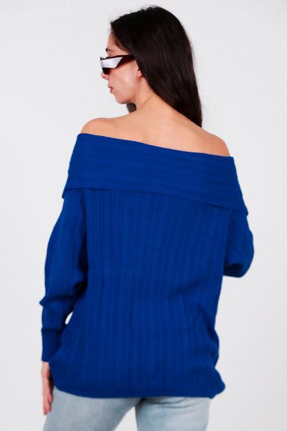 Kadın Madonna Yaka Triko Bluz Saks