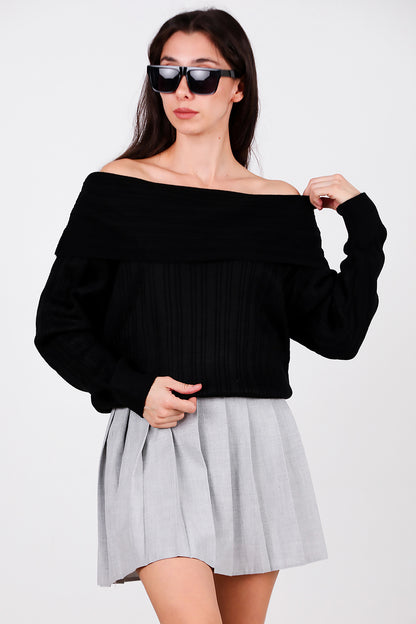 Kadın Madonna Yaka Triko Bluz Siyah