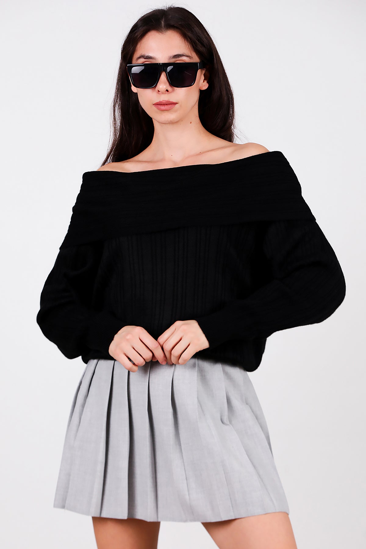 Kadın Madonna Yaka Triko Bluz Siyah