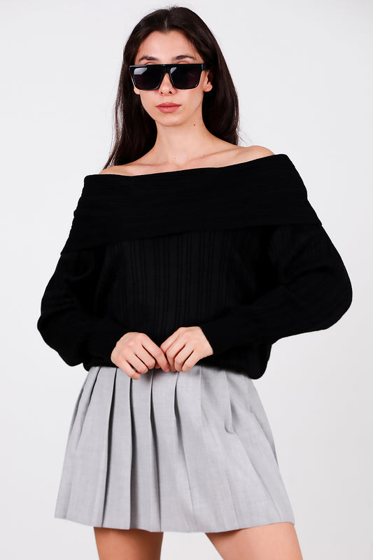 Kadın Madonna Yaka Triko Bluz Siyah