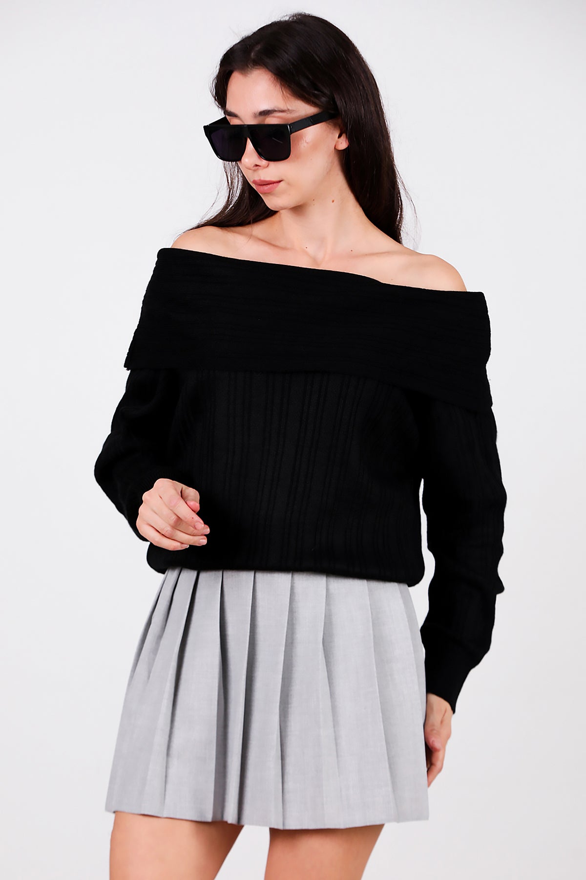 Kadın Madonna Yaka Triko Bluz Siyah