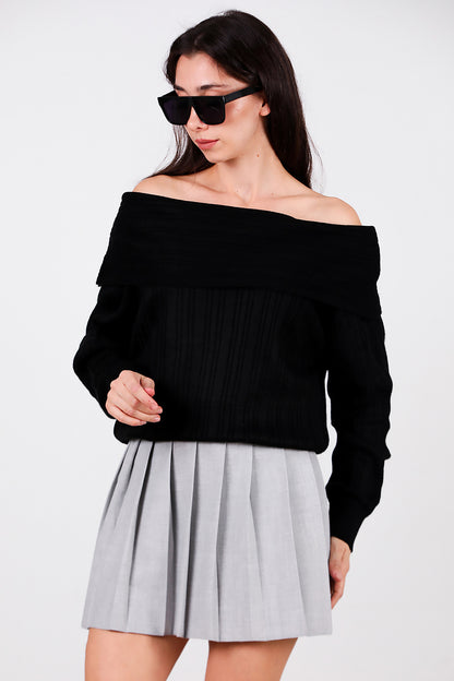Kadın Madonna Yaka Triko Bluz Siyah