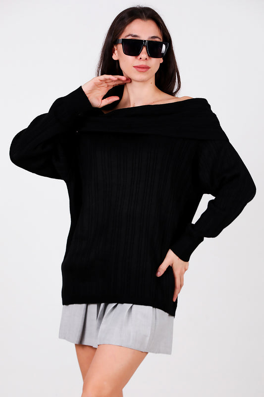 Kadın Madonna Yaka Triko Bluz Siyah