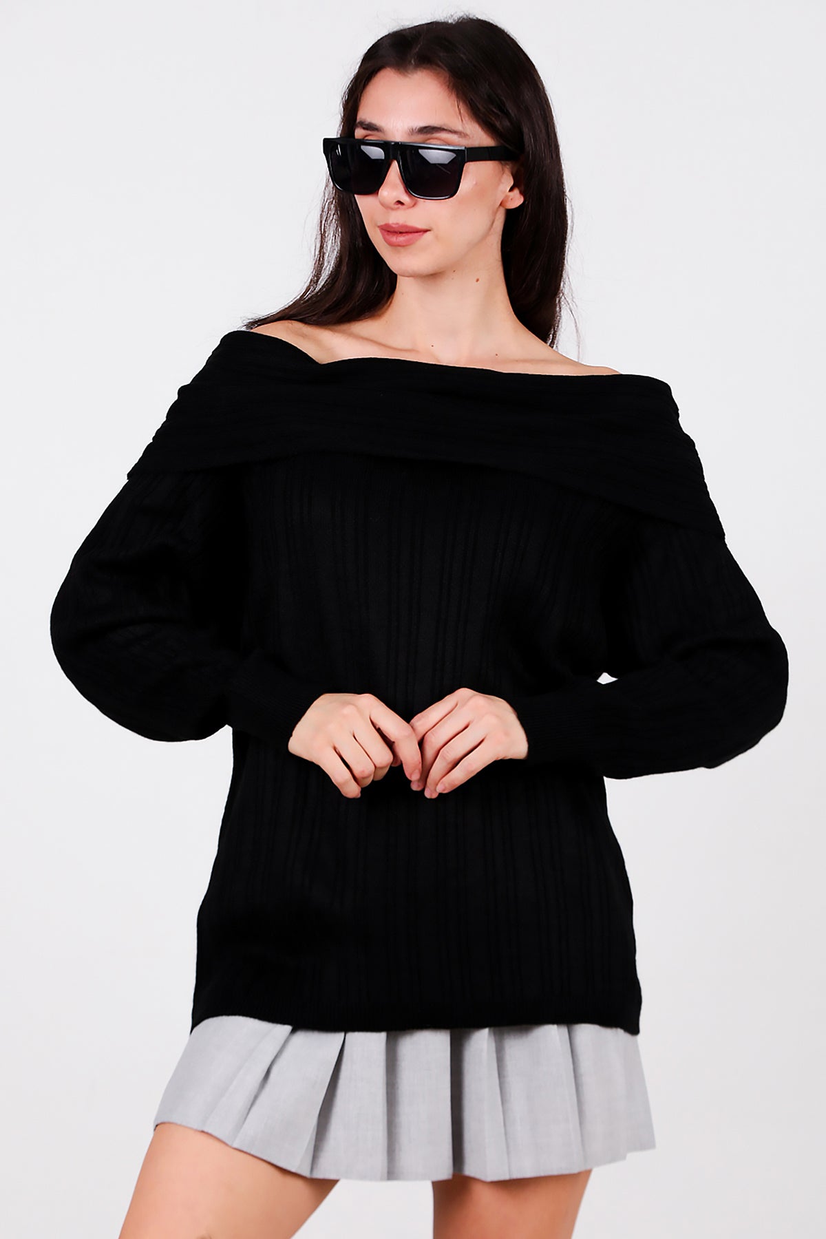 Kadın Madonna Yaka Triko Bluz Siyah