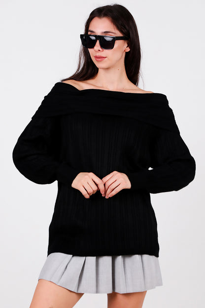 Kadın Madonna Yaka Triko Bluz Siyah
