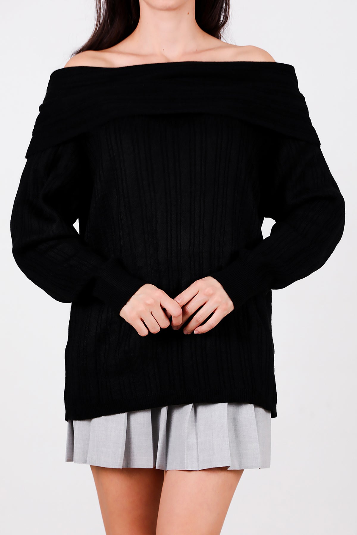 Kadın Madonna Yaka Triko Bluz Siyah