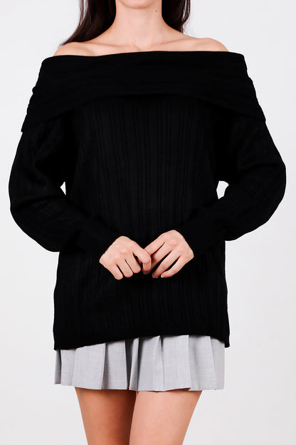 Kadın Madonna Yaka Triko Bluz Siyah