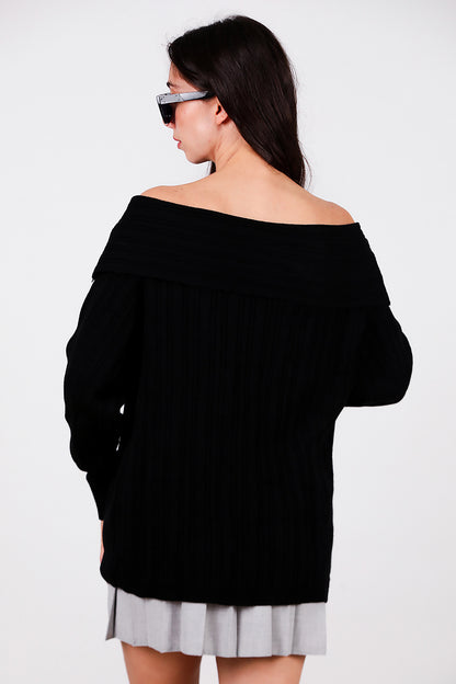 Kadın Madonna Yaka Triko Bluz Siyah