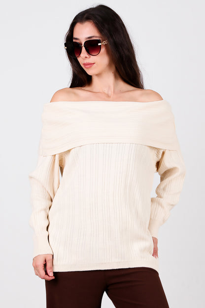 Kadın Madonna Yaka Triko Bluz Taş