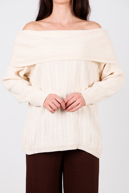 Kadın Madonna Yaka Triko Bluz Taş