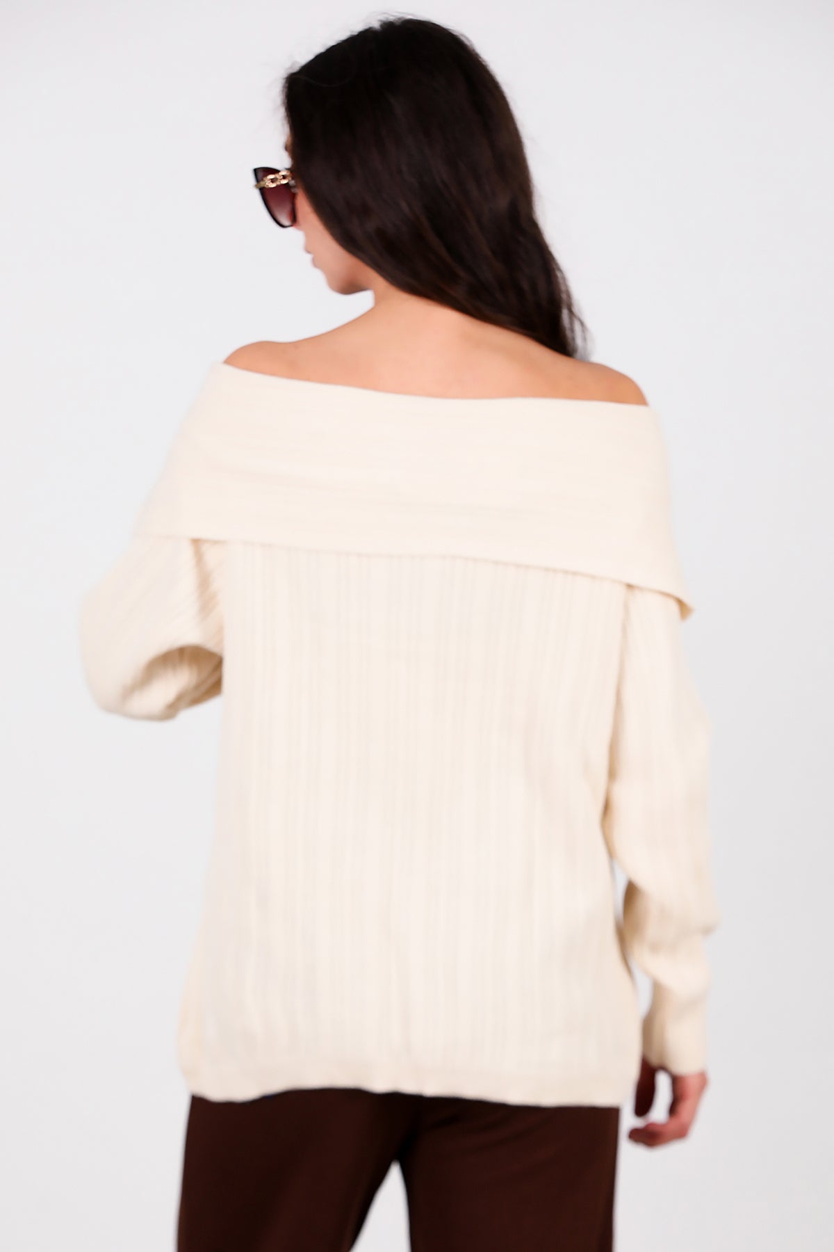 Kadın Madonna Yaka Triko Bluz Taş