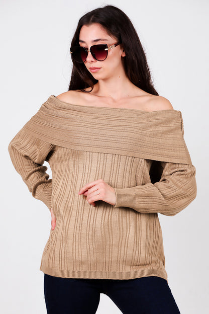 Kadın Madonna Yaka Triko Bluz Vizon