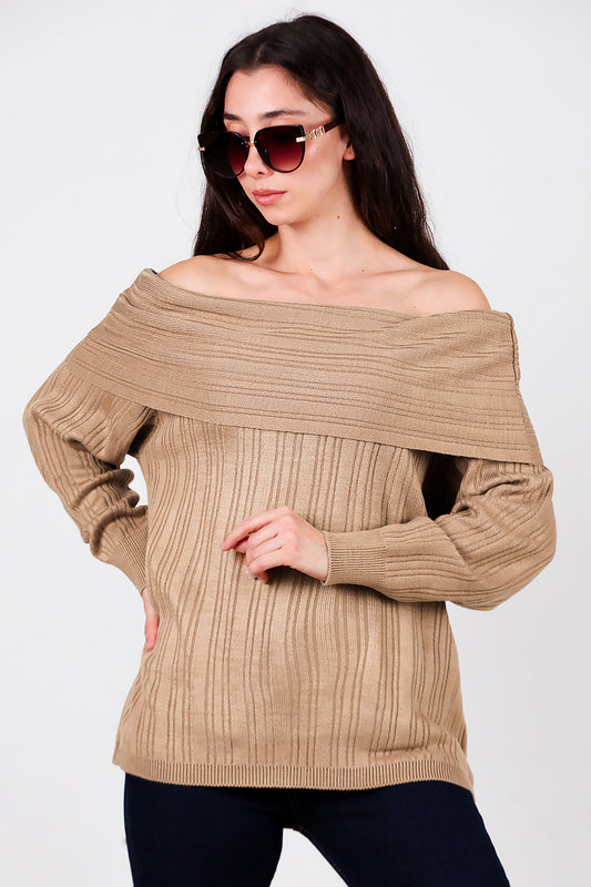 Kadın Madonna Yaka Triko Bluz Vizon