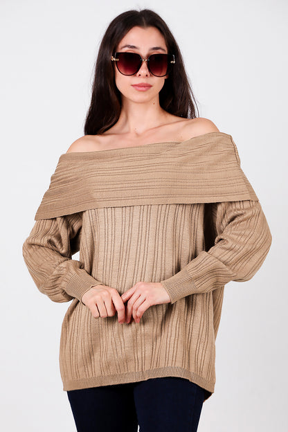 Kadın Madonna Yaka Triko Bluz Vizon