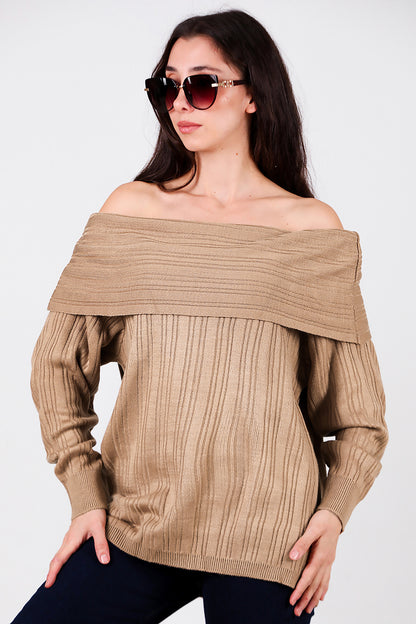 Kadın Madonna Yaka Triko Bluz Vizon