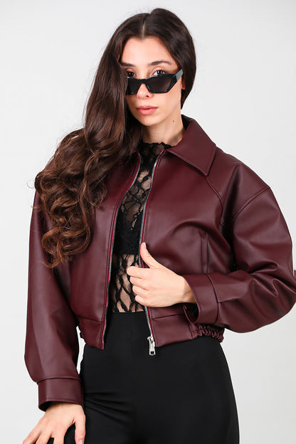 Kadın Bel Lastikli Deri Ceket Bordo