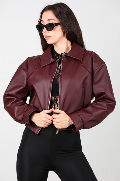 Kadın Bel Lastikli Deri Ceket Bordo