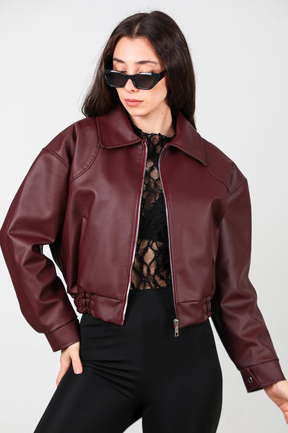Kadın Bel Lastikli Deri Ceket Bordo