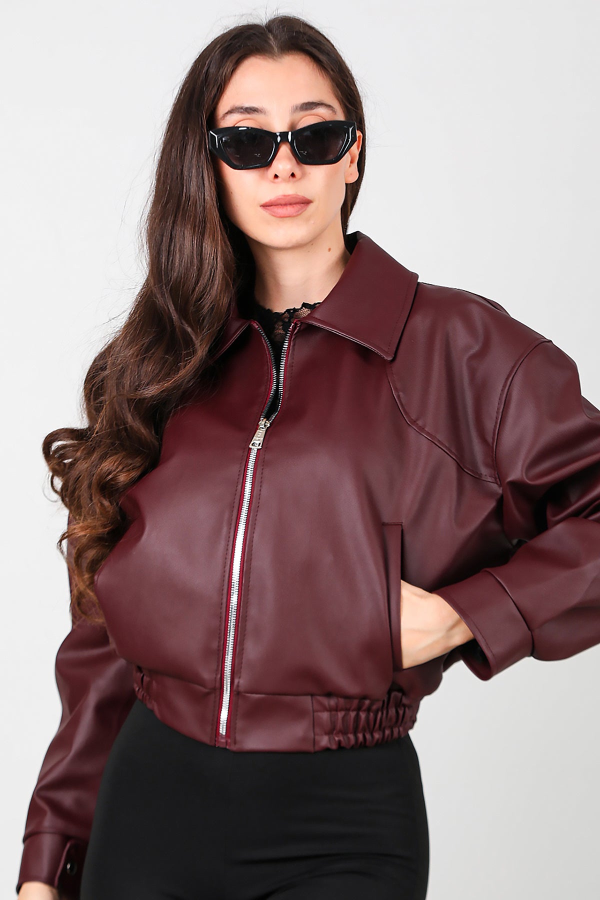 Kadın Bel Lastikli Deri Ceket Bordo