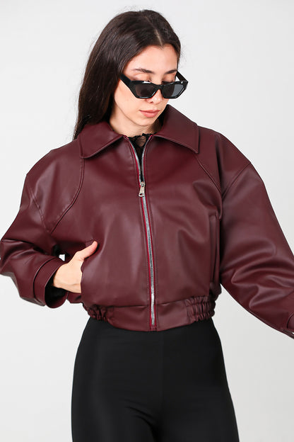 Kadın Bel Lastikli Deri Ceket Bordo
