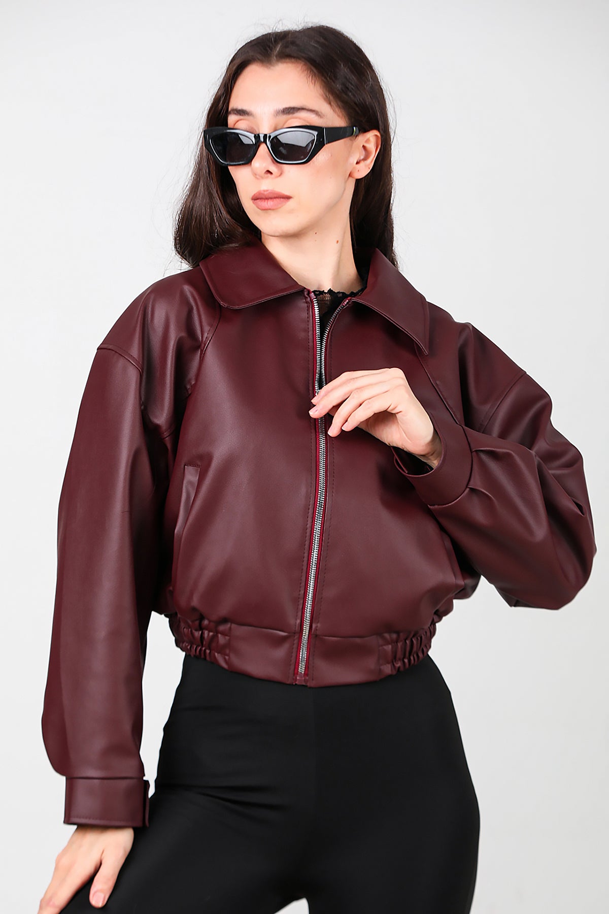 Kadın Bel Lastikli Deri Ceket Bordo