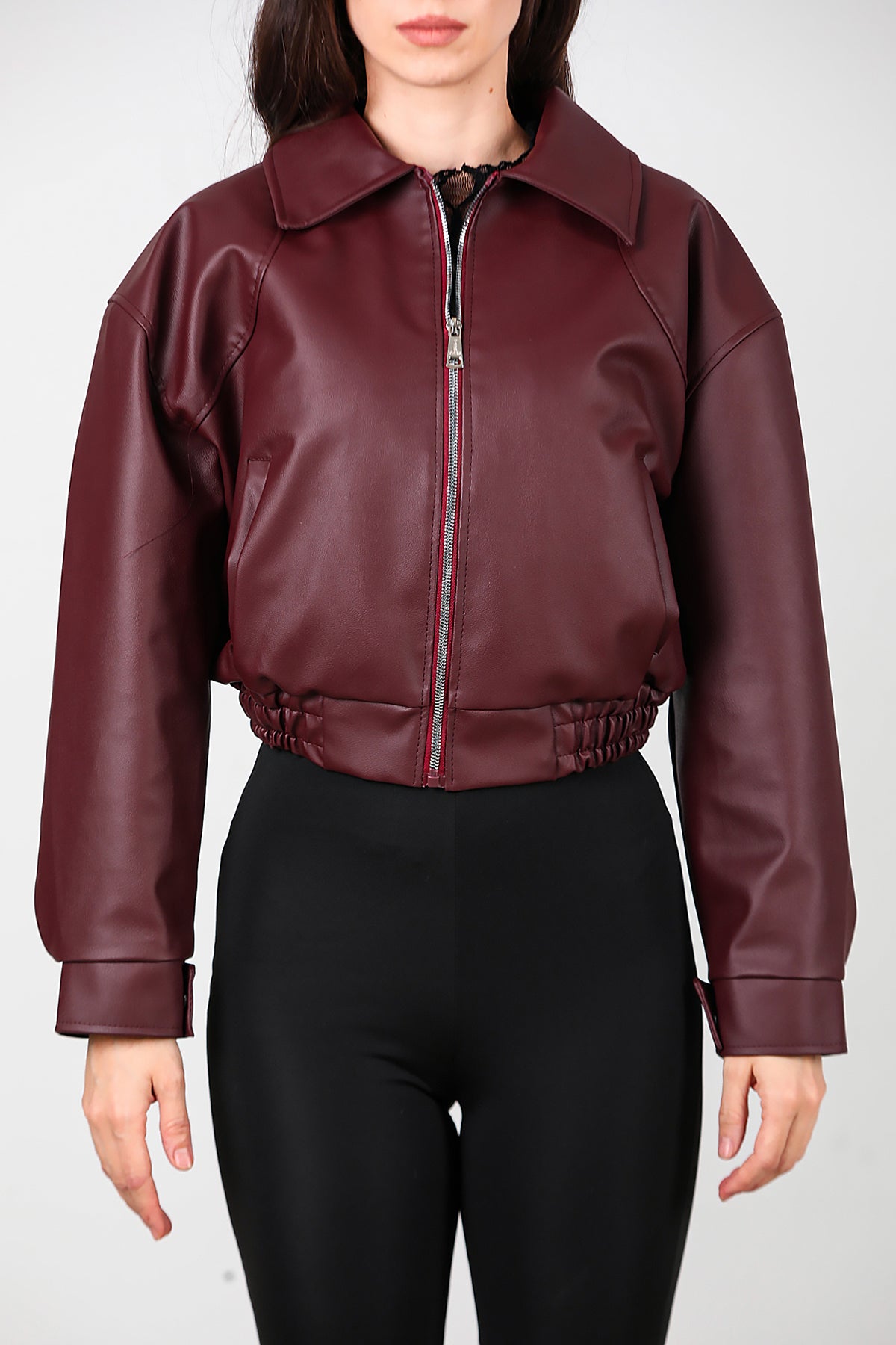 Kadın Bel Lastikli Deri Ceket Bordo